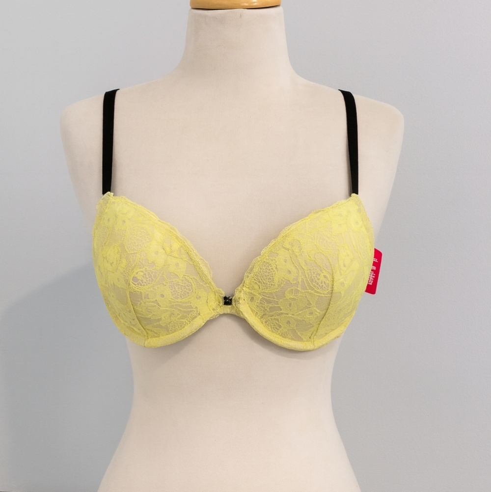 La Senza Bra 38D Yellow And Black Adjustable Padded Lace Sexy Bat Man